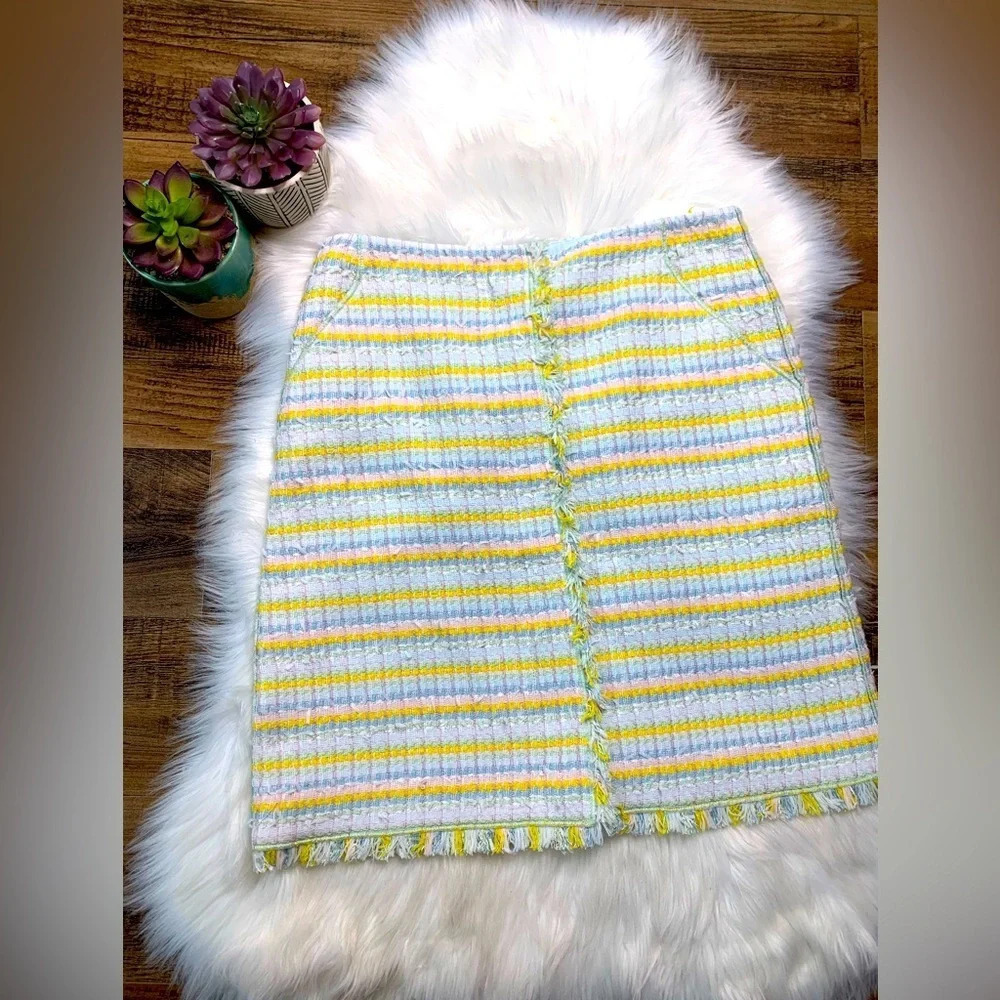 Worth New York Pale Aqua White Pineapple Tweed Stripe Fringe Skirt
